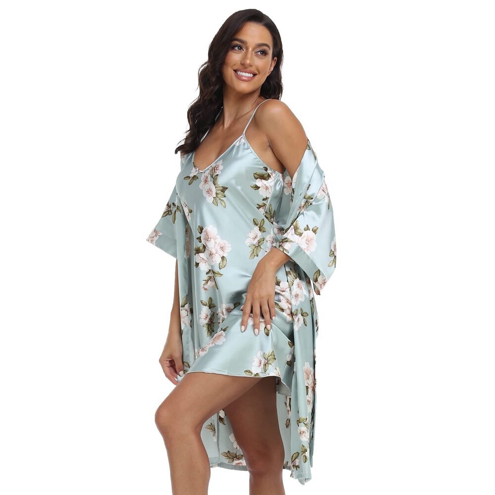 1293 Satin Robes Set with Nightgown Silk Kimono Pajamas 2 Piece Sleepwear - Picture 2 of 4